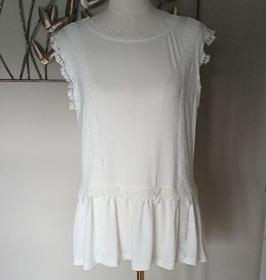 POL-White Lace-Trim Peplum Top-Large